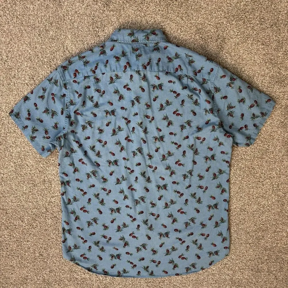 J.Crew Shirt Mens Medium Blue Pineapple Linen Cotton Slim Vacation Resort Wear